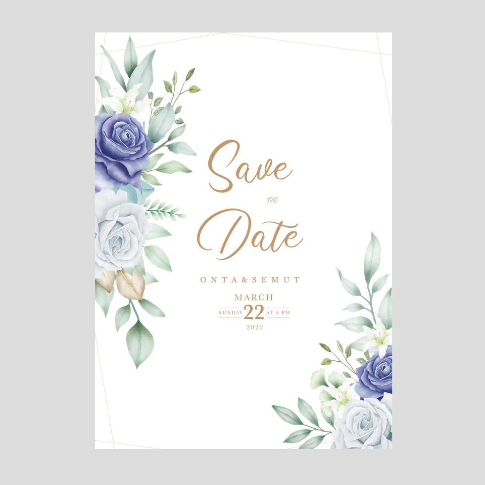 elegant waterverf bloemen kader bruiloft schrijfbehoeften met marine blauw bloem en bladeren vector