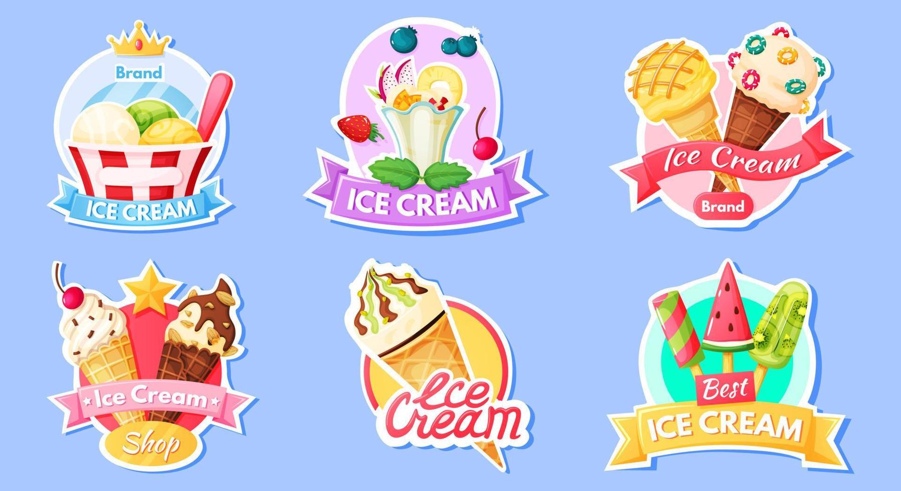 ijs room label. logo, insigne voor ijs room winkel met fruit ijs, ijslolly's. vanille en chocola ijscoupe cafe menu etiketten. tekenfilm verkoudheid toetje teken vector reeks
