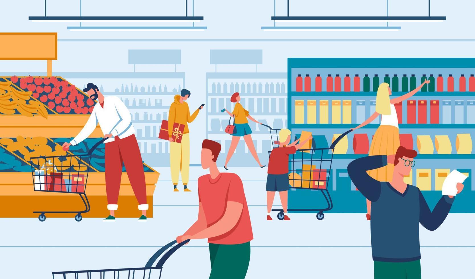 mensen in op te slaan. mannen en Dames boodschappen doen Bij supermarkt. klanten inkoop producten. kruidenier op te slaan, kleinhandel winkel met consumenten vector illustratie