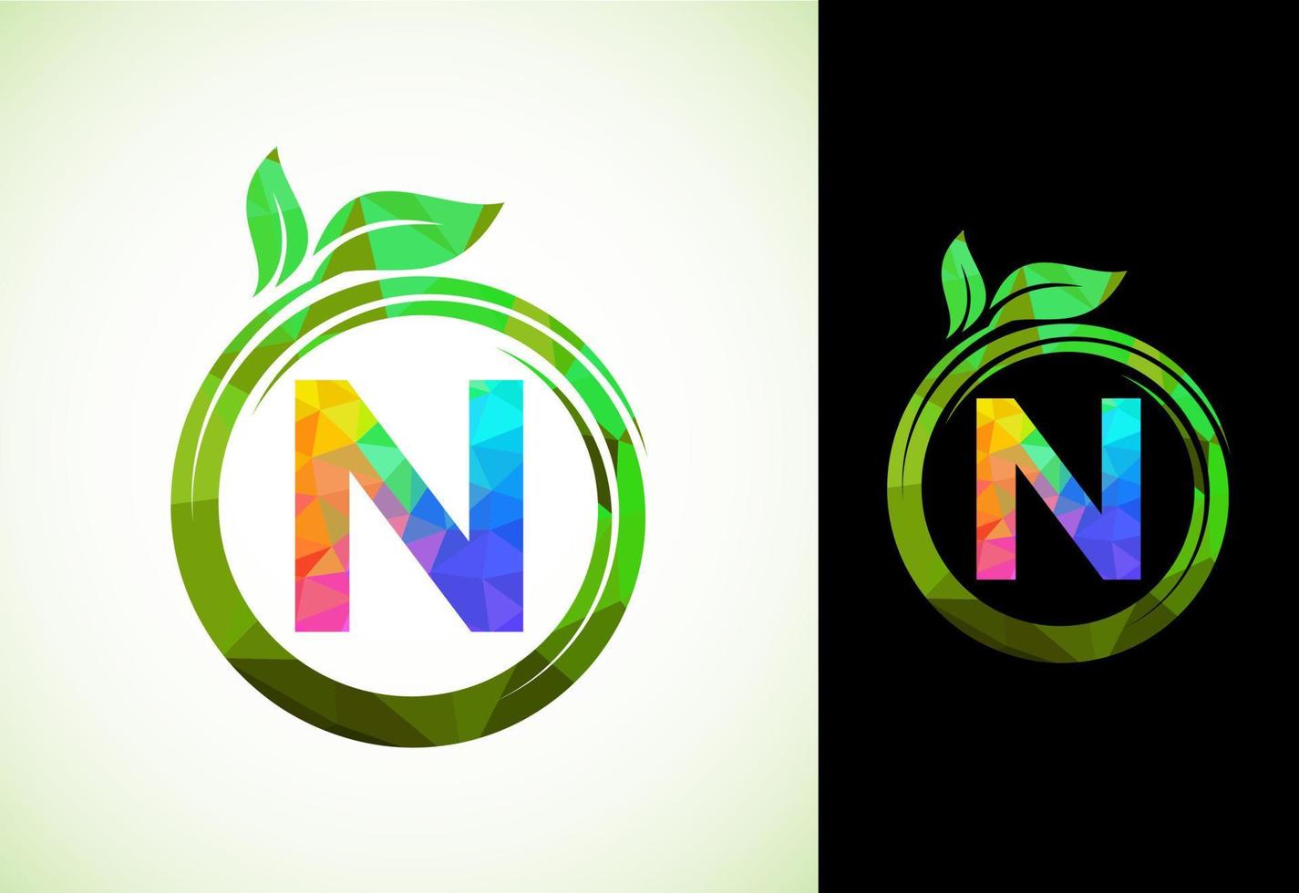 veelhoekige alfabet n in een spiraal met groen bladeren. natuur icoon teken symbool. meetkundig vormen stijl logo ontwerp voor bedrijf gezondheidszorg, natuur, boerderij, en bedrijf identiteit. vector