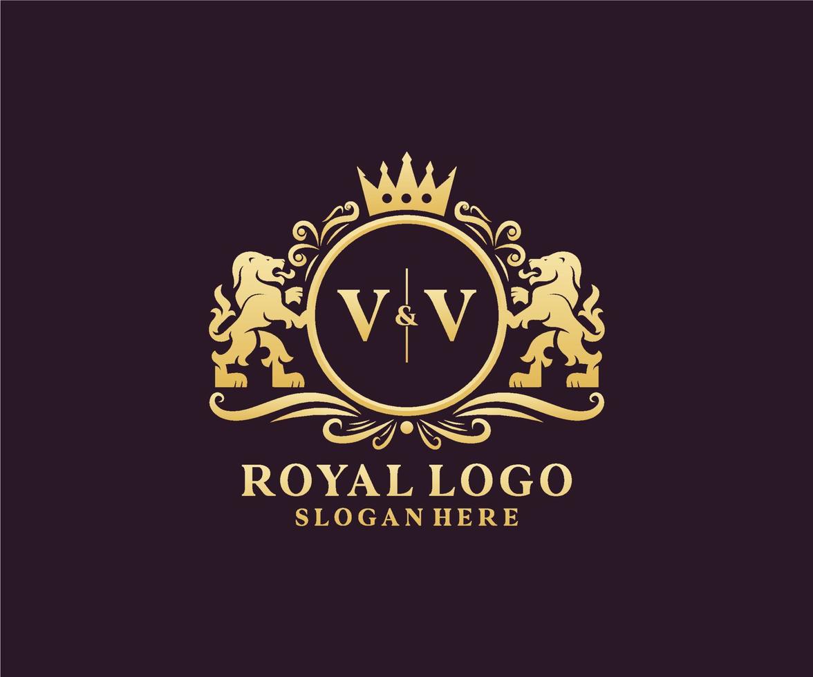 eerste vv brief leeuw Koninklijk luxe logo sjabloon in vector kunst voor restaurant, royalty, boetiek, cafe, hotel, heraldisch, sieraden, mode en andere vector illustratie.