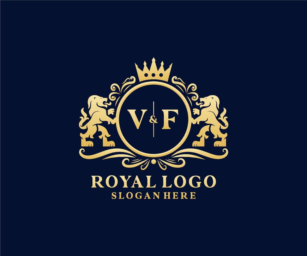 eerste vf brief leeuw Koninklijk luxe logo sjabloon in vector kunst voor restaurant, royalty, boetiek, cafe, hotel, heraldisch, sieraden, mode en andere vector illustratie.