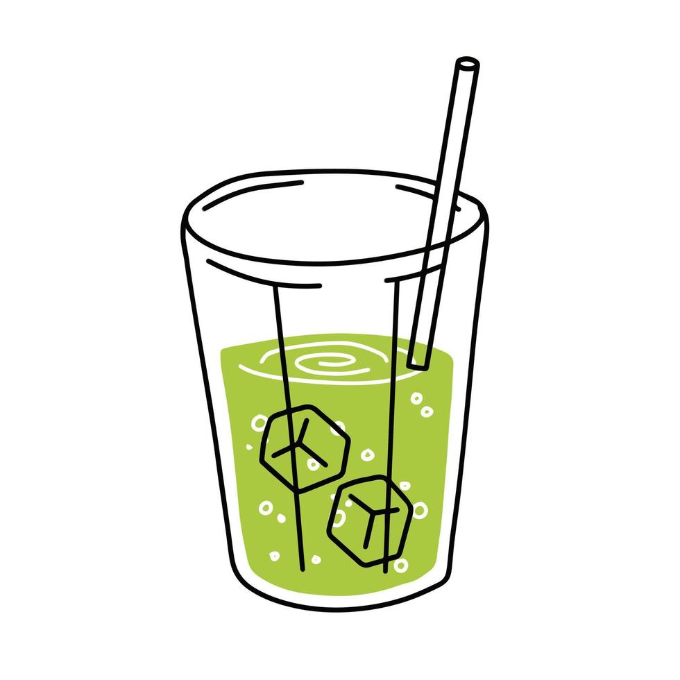 groen thee maat of mojito. zomer verfrissend drankje. cocktail in glas. modieus schets tekenfilm geïsoleerd Aan wit vector