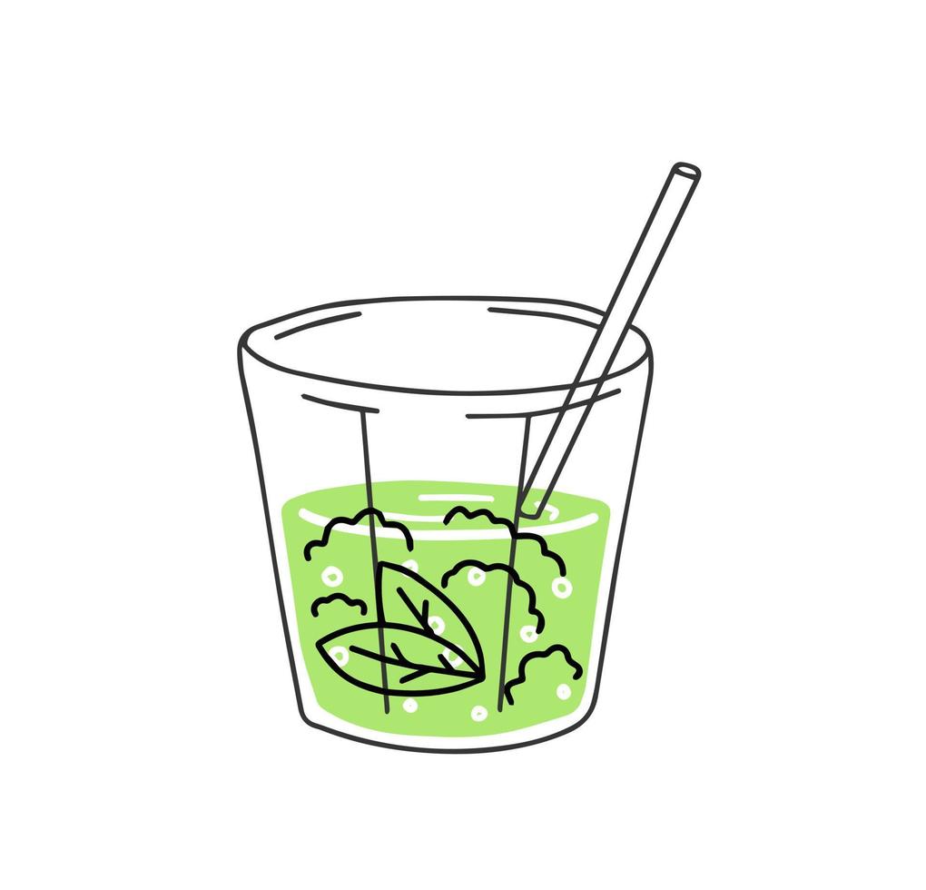 groen thee maat of mojito. zomer verfrissend drankje. cocktail in glas. modieus schets tekenfilm geïsoleerd Aan wit vector