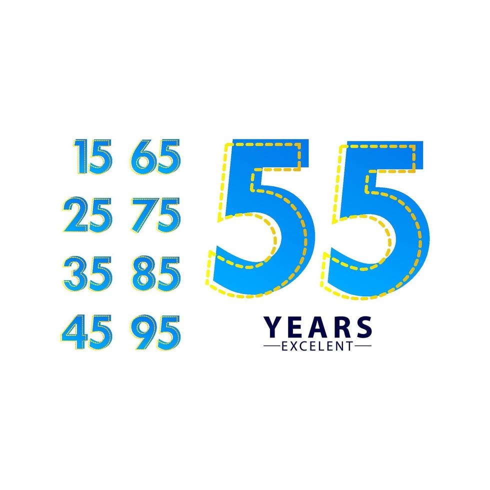 55 jaar uitstekende verjaardag viering blauwe dash vector sjabloon ontwerp illustratie