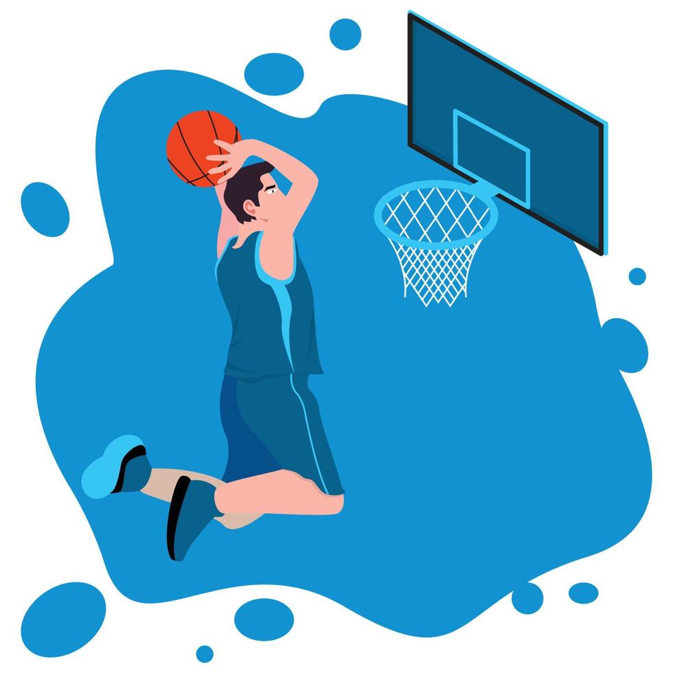 vector basketbal speler jumping zetten de bal in de mand