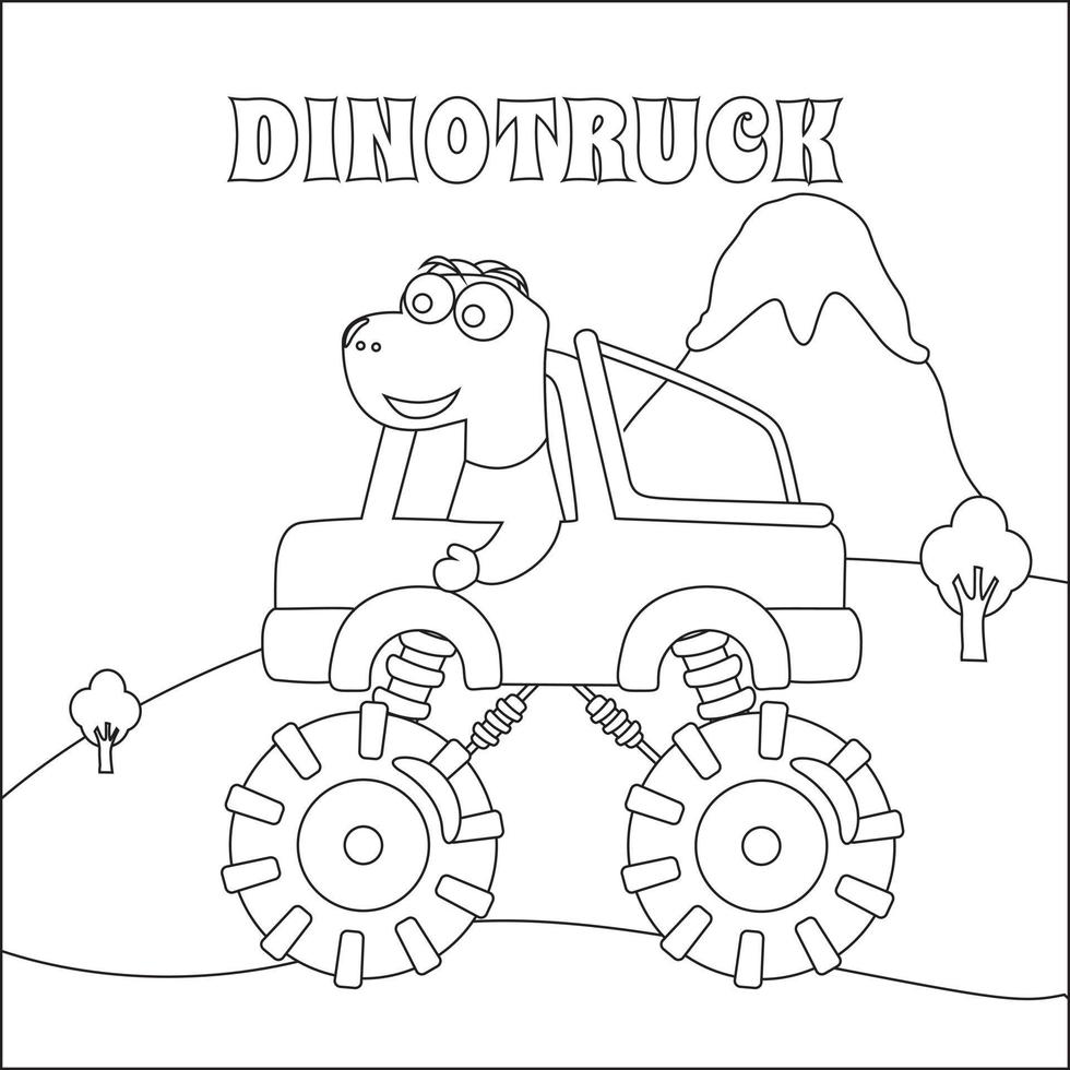 vector illustratie van monster vrachtauto met schattig dinosaurus bestuurder. tekenfilm geïsoleerd vector illustratie, creatief vector kinderachtig ontwerp voor kinderen werkzaamheid kleuren boek of bladzijde.