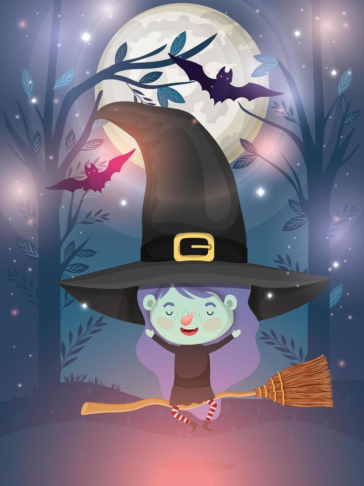 Halloween-seizoenscène met meisje in een heksenkostuum vector