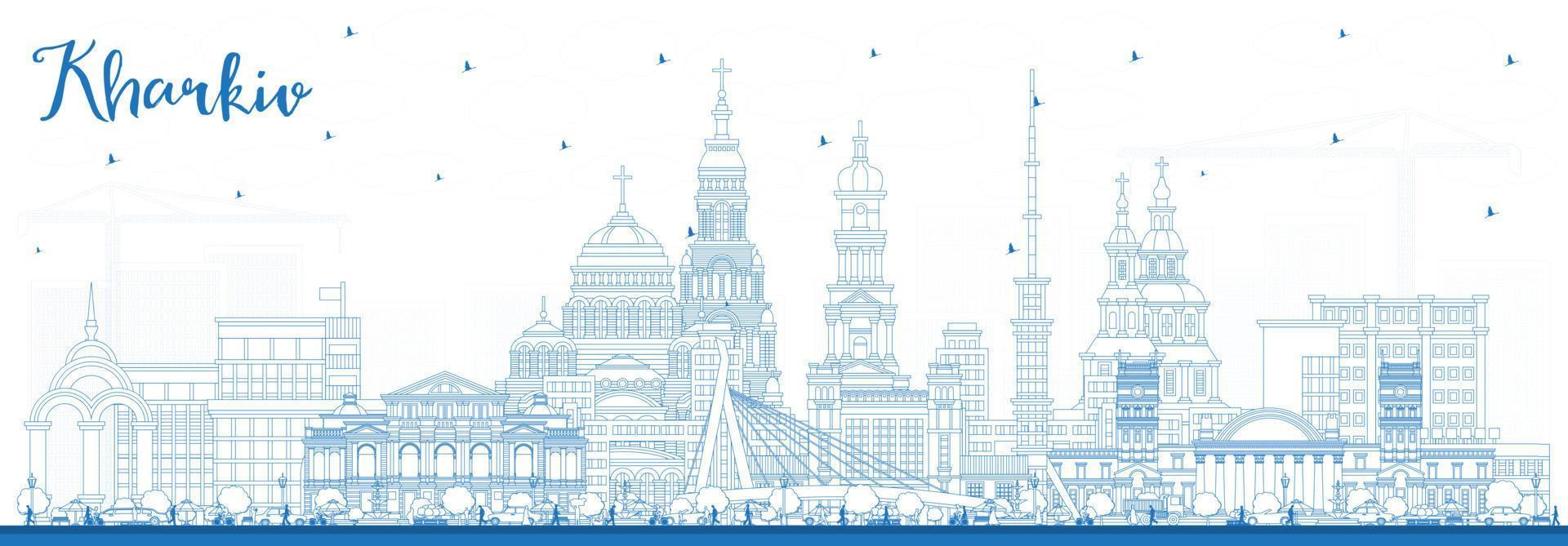 schets Charkov Oekraïne stad horizon met blauw gebouwen. vector illustratie. Charkov stadsgezicht met oriëntatiepunten.