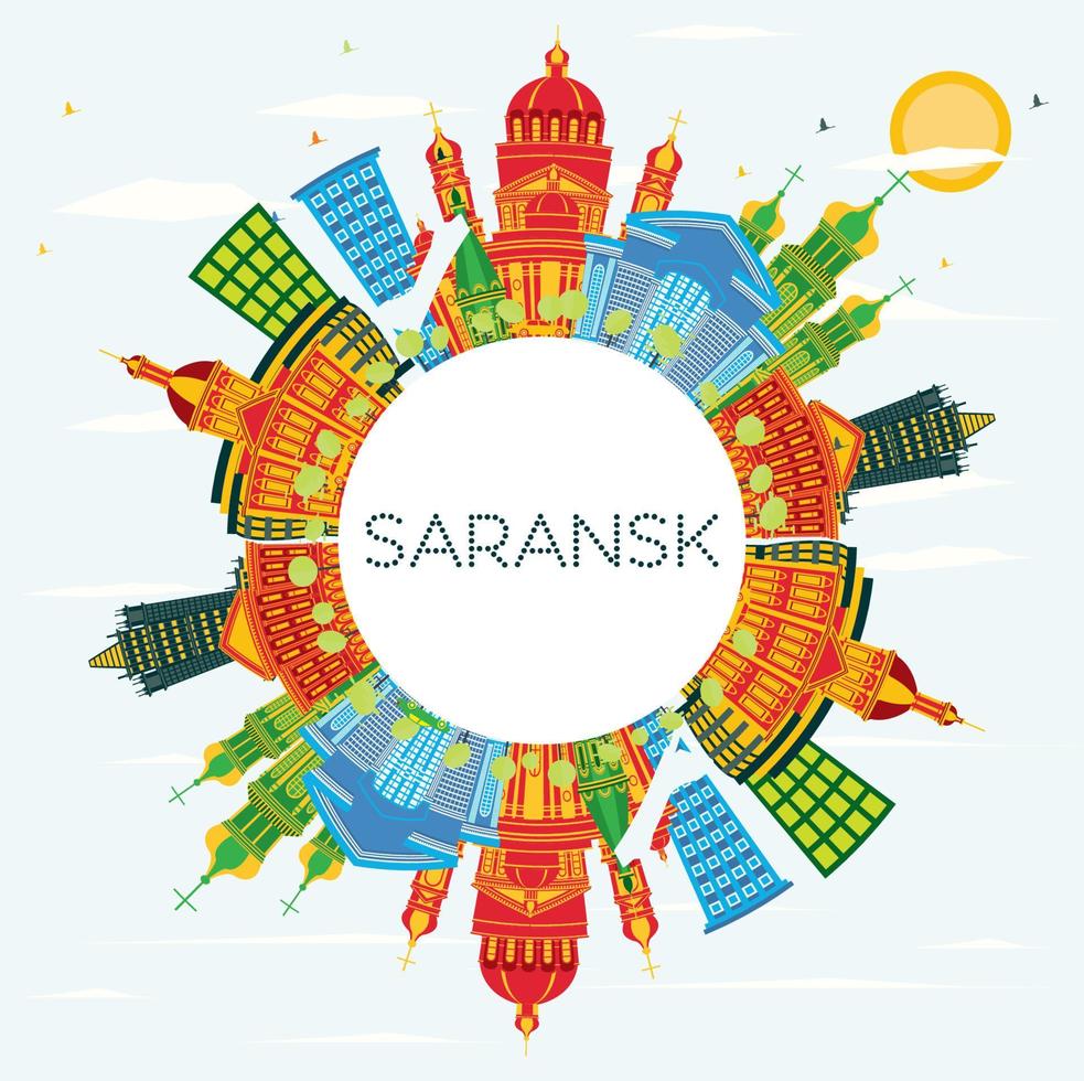 saransk Rusland stad horizon met kleur gebouwen, blauw lucht en kopiëren ruimte. vector illustratie. saransk stadsgezicht met oriëntatiepunten.