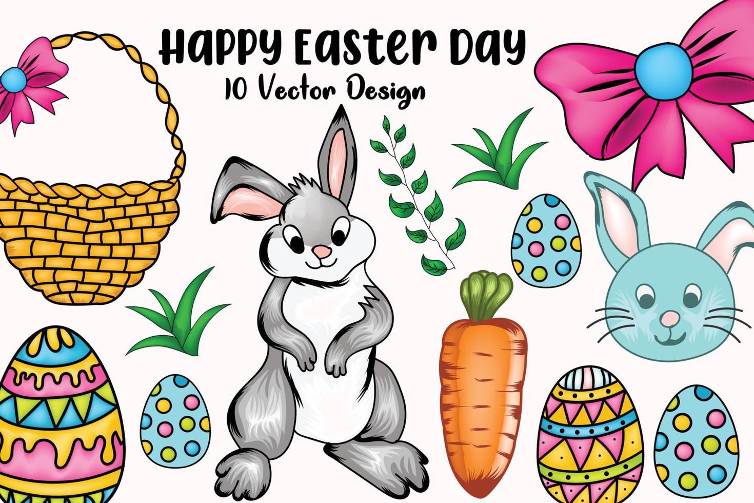 gelukkig Pasen dag clip art konijn, wortel, konijn, eieren, en gras met vectoren ontwerpen