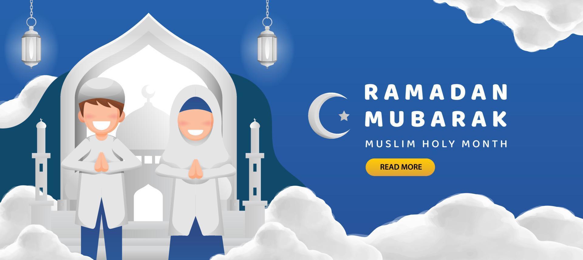 Ramadan banier sjabloon met jongen en meisje in wit glimlach in voorkant van moskee en lantaarn illustratie vector