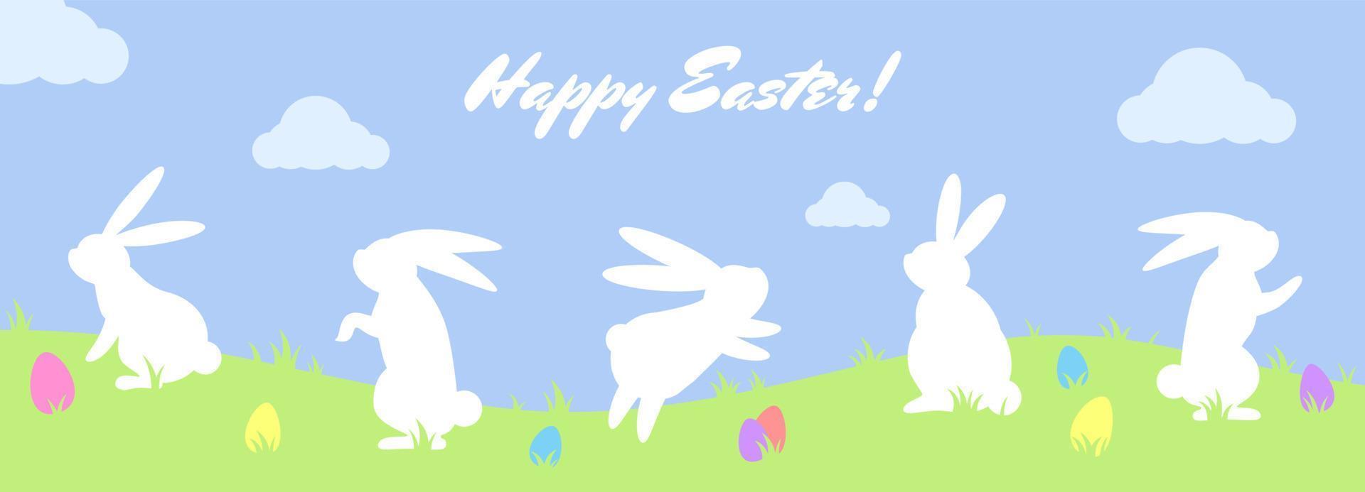 Pasen vakantie groet met wit konijnen en gekleurde traditioneel eieren in gras, Christendom traditioneel vakantie uitnodiging, poster, viering kaart, spandoek. vector
