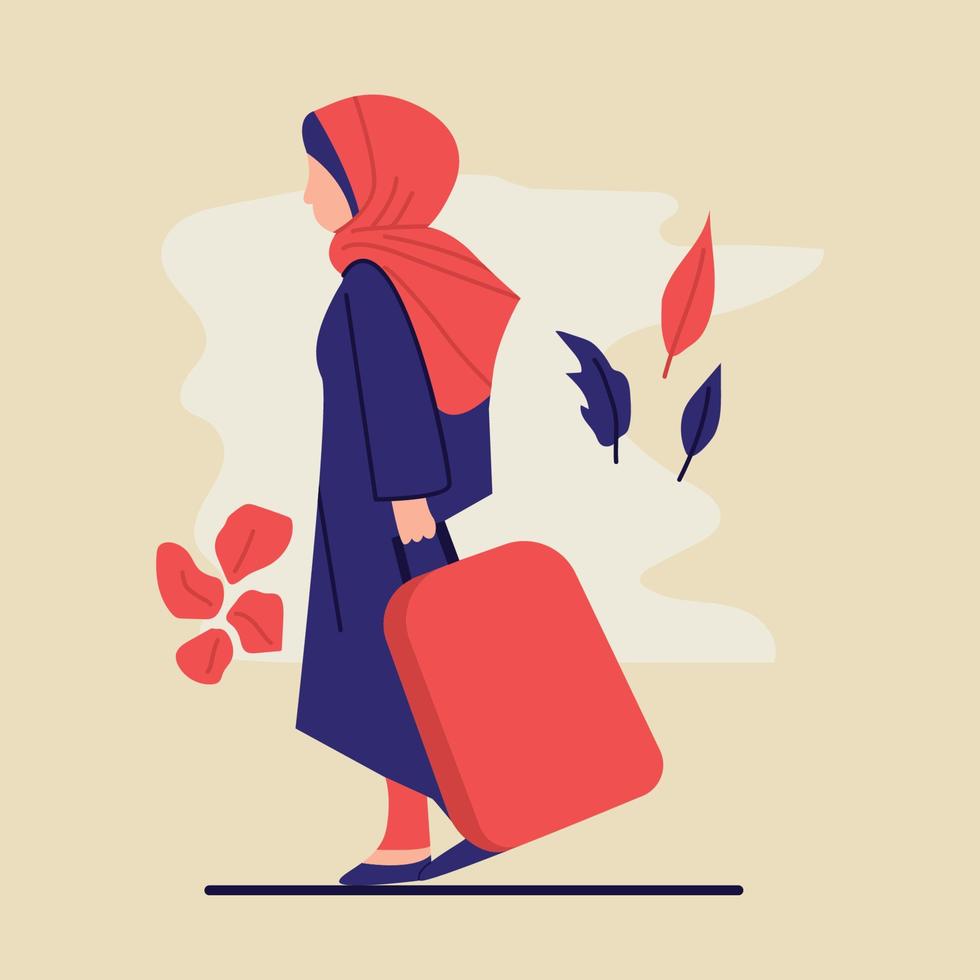 vector illustratie met de concept van moslim vrouw op reis met een koffer