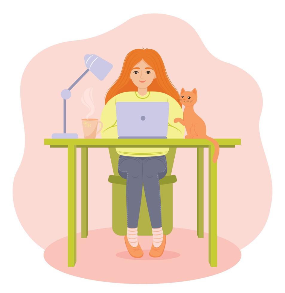 vrouw werken met computer, huis kantoor, leerling of freelancer. schattig concept vector illustratie in vlak stijl