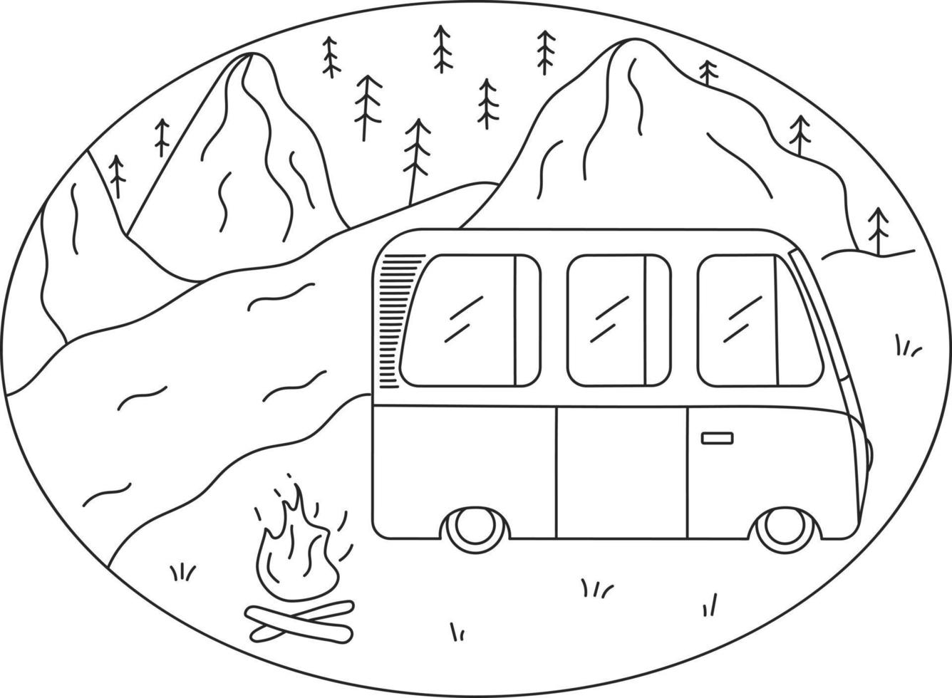 natuur camping vreugdevuur en camper busje mono lijn ontwerp voor insigne sticker lap t overhemd ontwerp vector