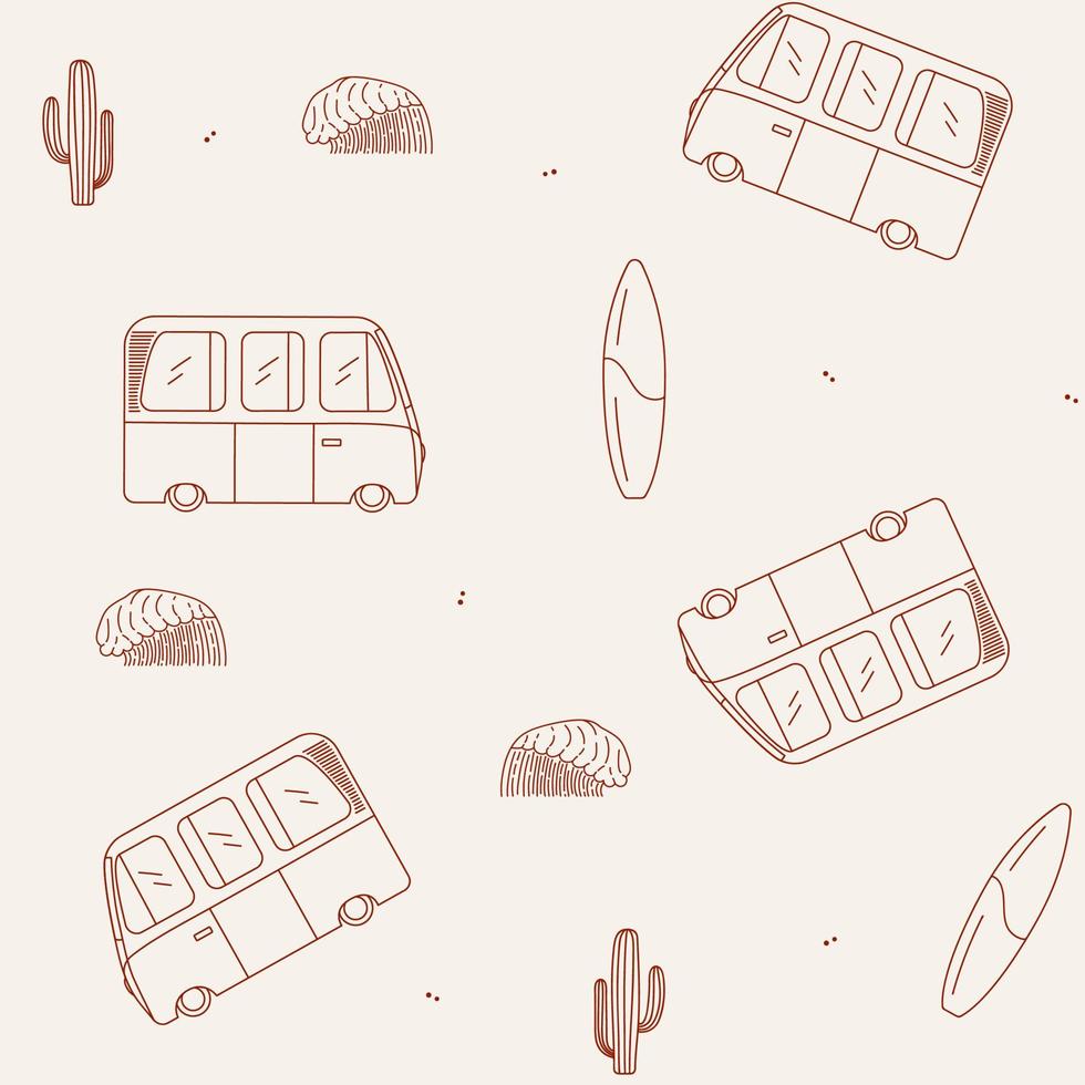 naadloos patroon met kampeerders, cactussen, surfplanken en golven vector