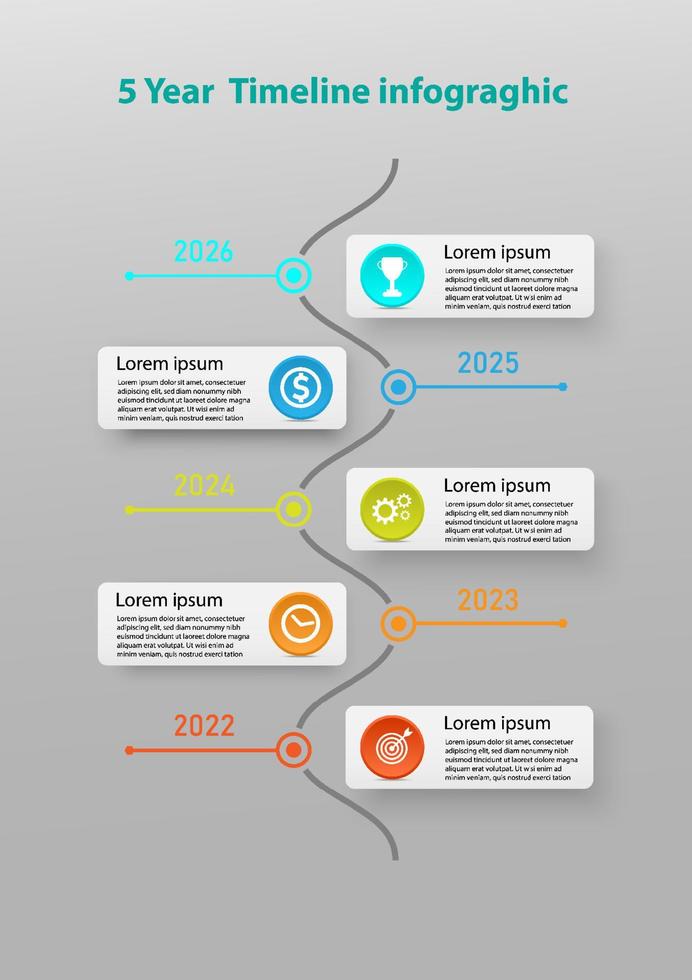 5 jaar tijdlijn infographic verticaal multi gekleurde cirkels Aan een plein met een icoon in de centrum van de cirkel en een lijn met nummers. grijs helling achtergrond voor bedrijf, planning, afzet vector