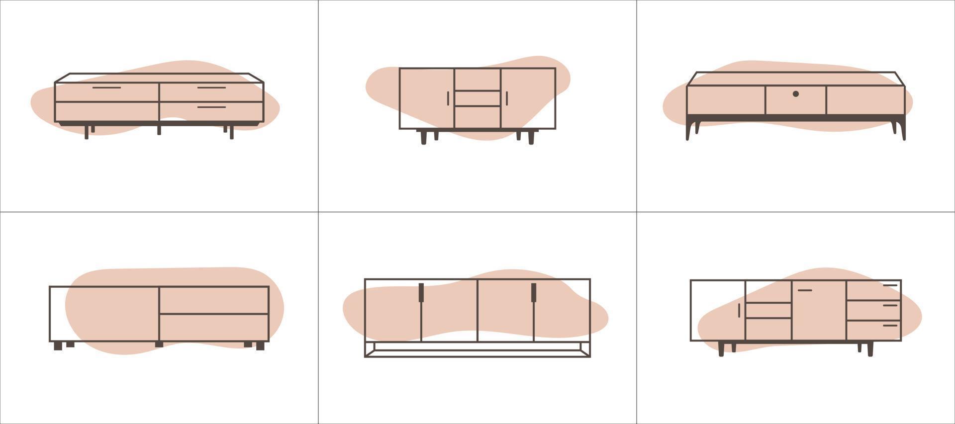 zes meubilair schets pictogrammen. meubilair in vlak stijl. vector illustratie.
