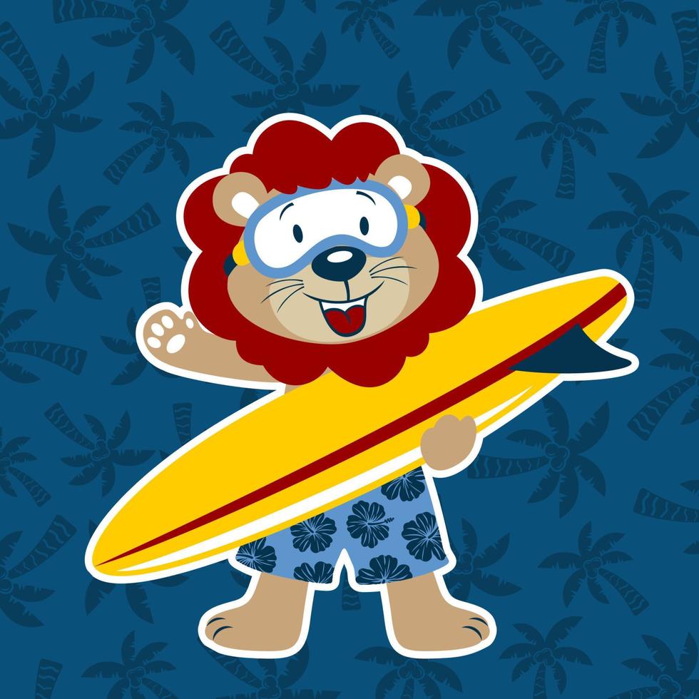 schattig leeuw Holding surfboard Aan palm boom achtergrond patroon, vector tekenfilm illustratie