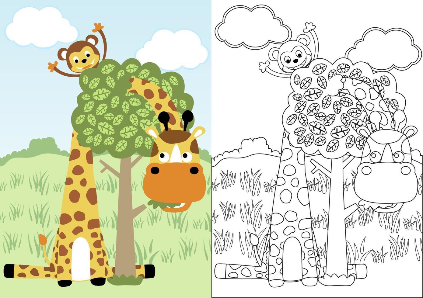 grappig giraffe en aap spelen kijkje een boe, vector tekenfilm, kleur bladzijde of boek