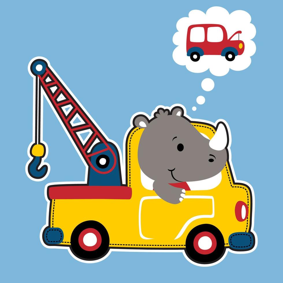 schattig neushoorn het rijden slepen vrachtauto met gebroken auto, vector tekenfilm illustratie