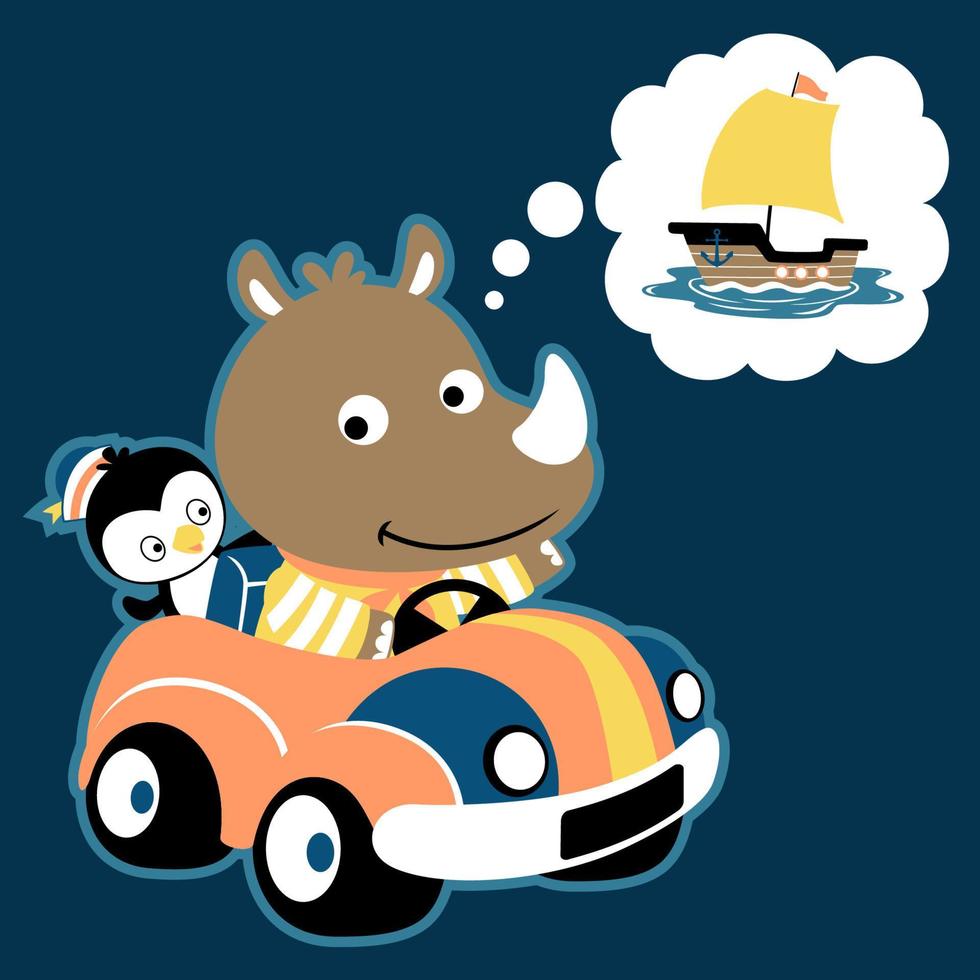 schattig neushoorn met pinguïn Aan een auto, denken zeilboot voor het zeilen, vector tekenfilm illustratie