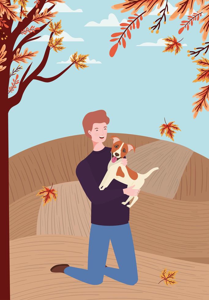 jonge man met schattige hond mascotte in het herfstkamp vector
