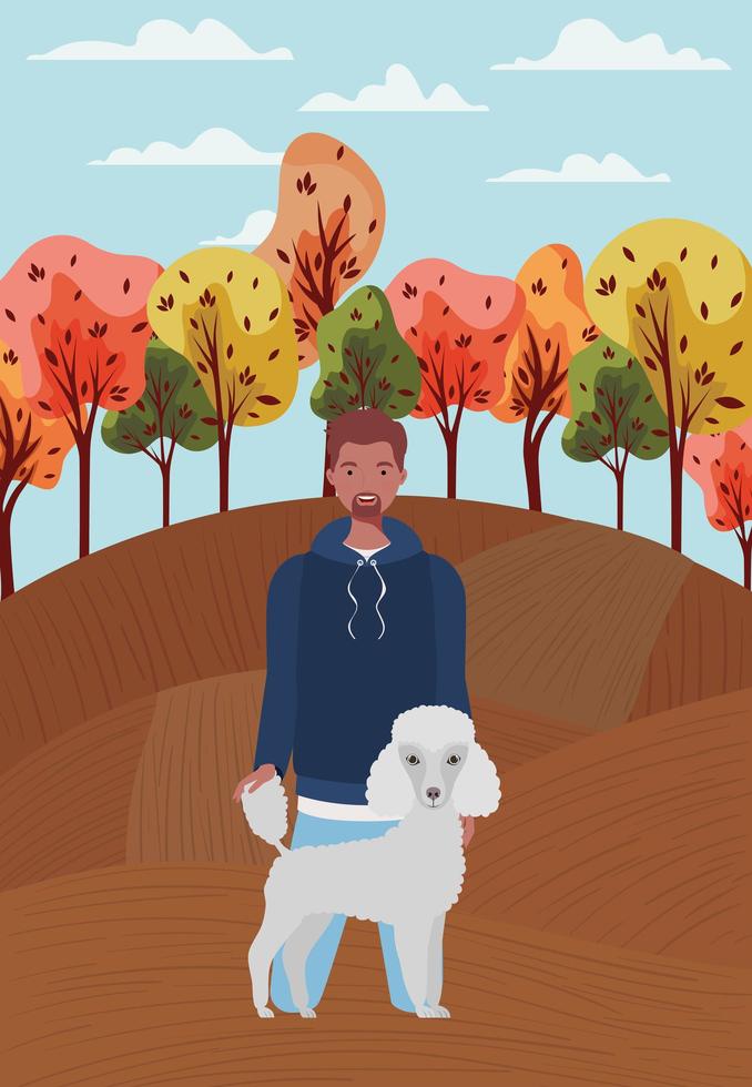 jonge man met schattige hond mascotte in het herfstkamp vector