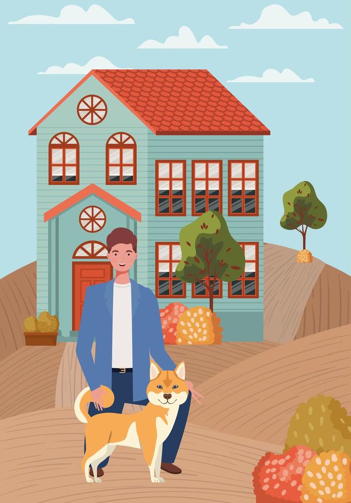 jonge man met schattige hond mascotte in de herfst stadsscène vector