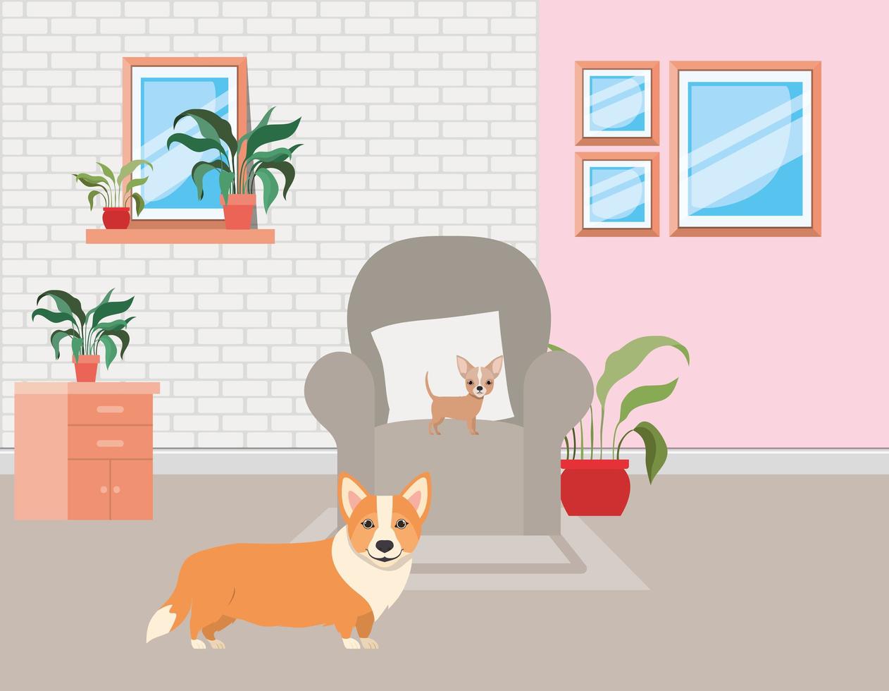 schattige kleine honden in de woonkamer vector