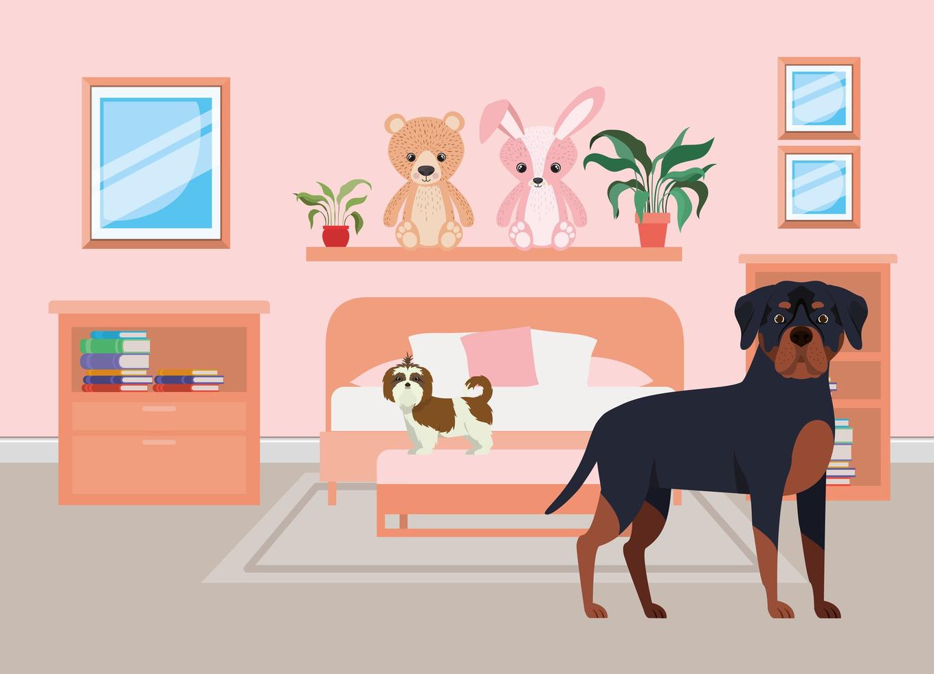 schattige kleine honden in de slaapkamer vector