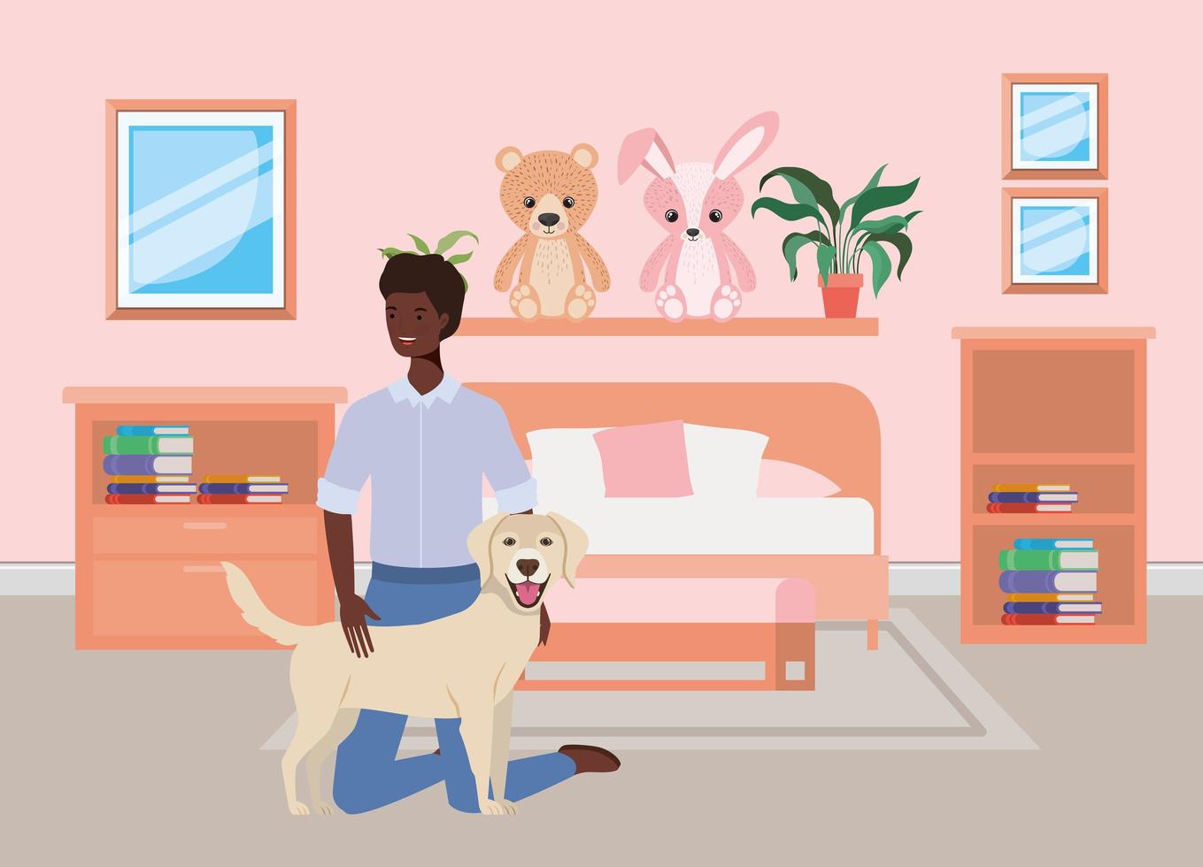 afro man met schattige hond mascotte in de slaapkamer vector