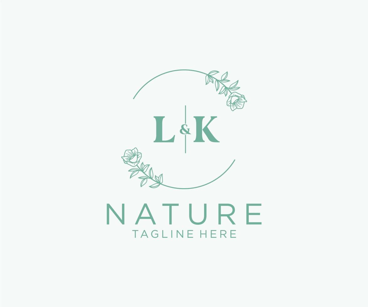 eerste lk brieven botanisch vrouwelijk logo sjabloon bloemen, bewerkbare premade monoline logo geschikt, luxe vrouwelijk bruiloft branding, zakelijk. vector