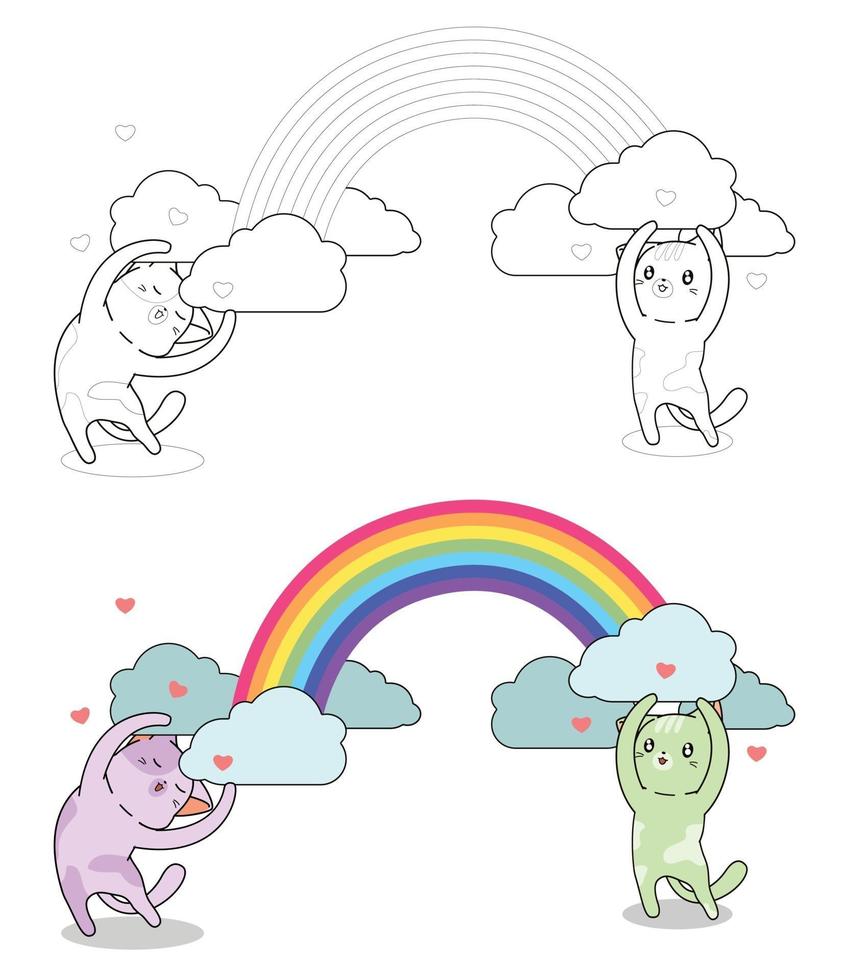 kattenkarakters met regenboog kleurplaat voor kinderen vector