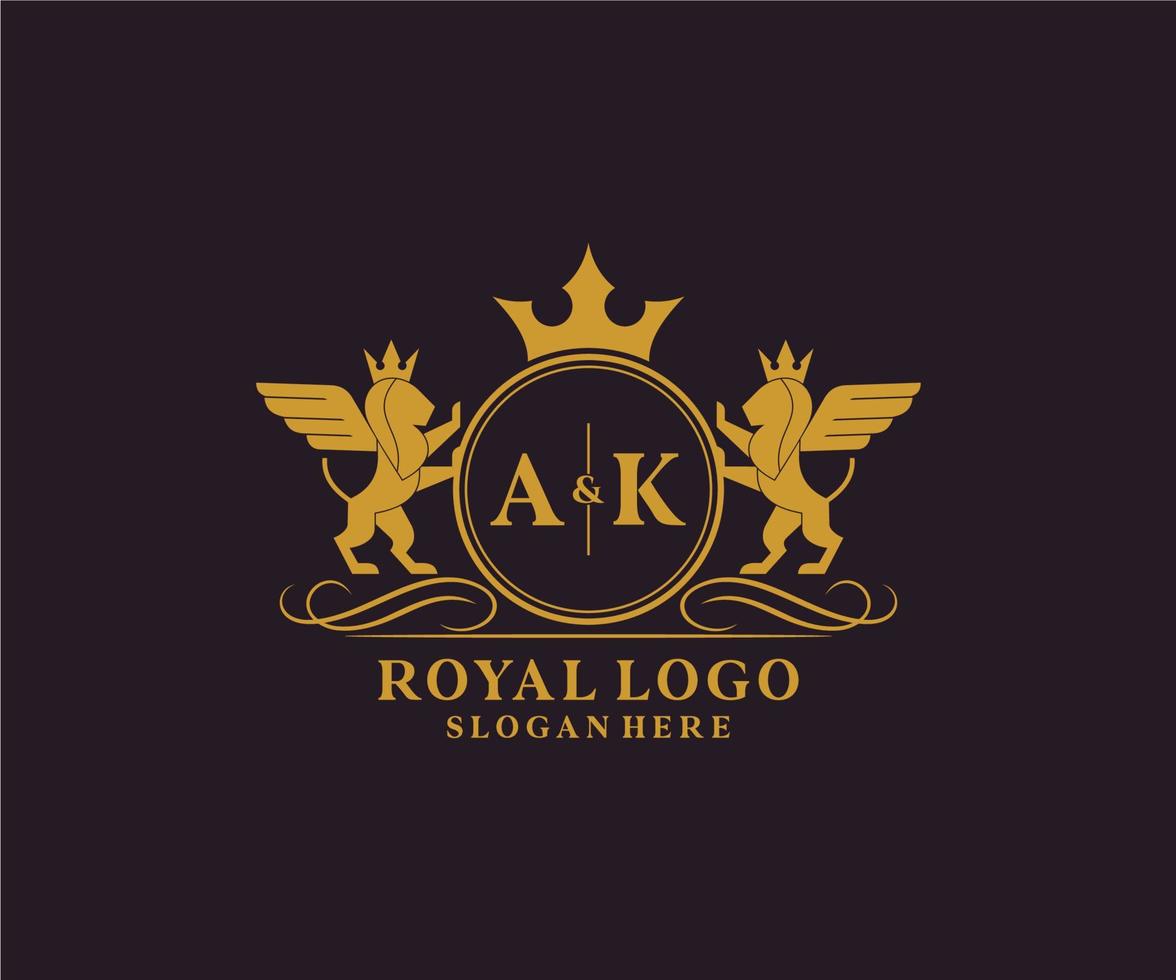 eerste ak brief leeuw Koninklijk luxe heraldisch, wapen logo sjabloon in vector kunst voor restaurant, royalty, boetiek, cafe, hotel, heraldisch, sieraden, mode en andere vector illustratie.