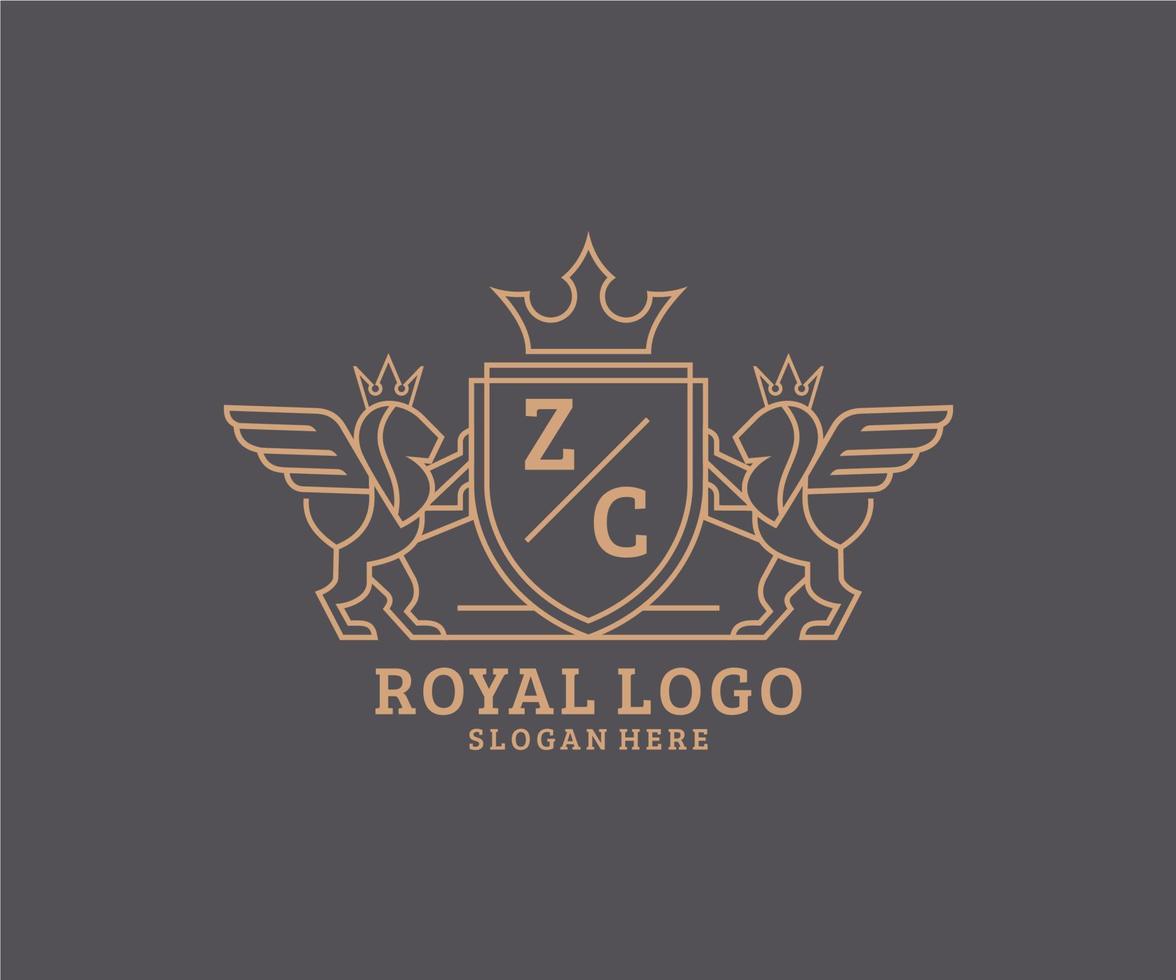 eerste zc brief leeuw Koninklijk luxe heraldisch, wapen logo sjabloon in vector kunst voor restaurant, royalty, boetiek, cafe, hotel, heraldisch, sieraden, mode en andere vector illustratie.