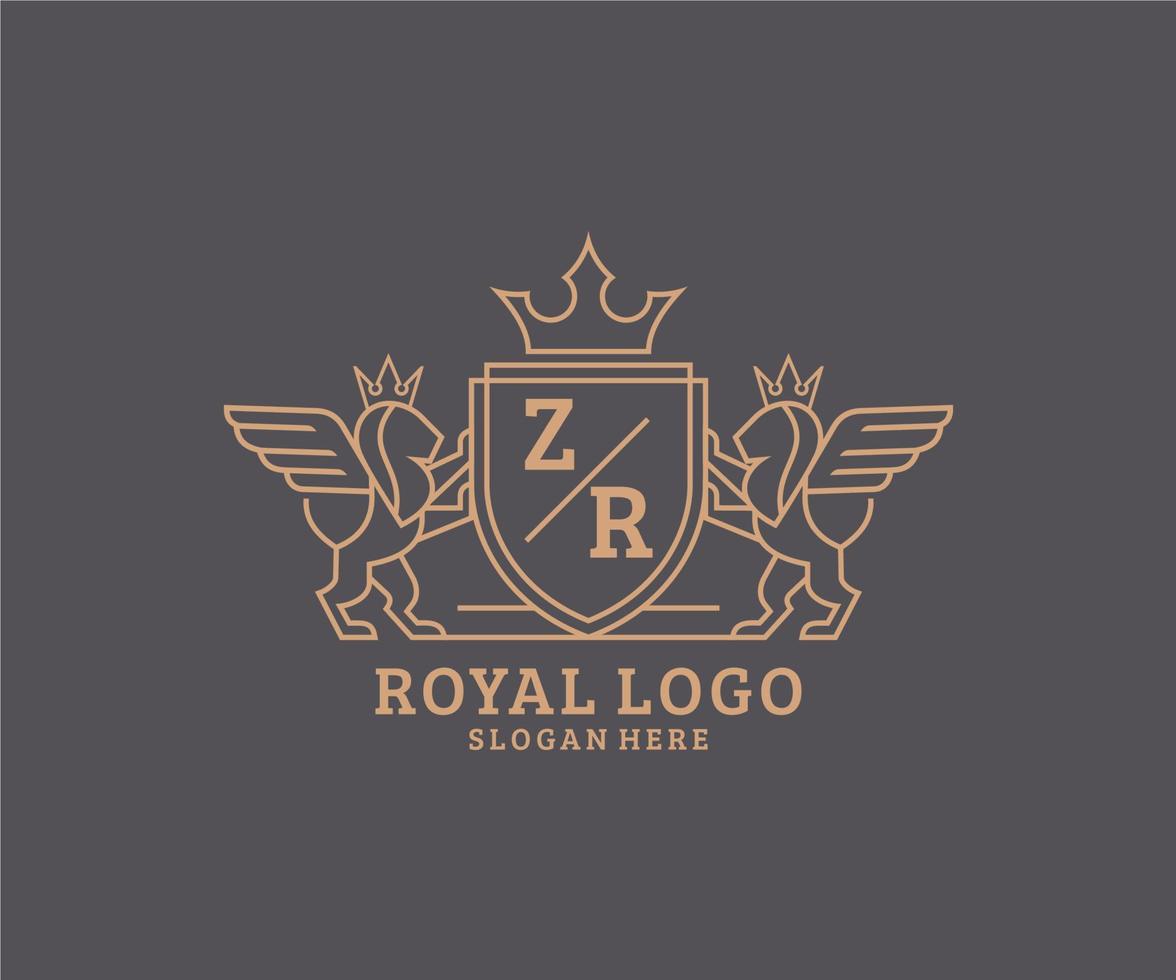 eerste zr brief leeuw Koninklijk luxe heraldisch, wapen logo sjabloon in vector kunst voor restaurant, royalty, boetiek, cafe, hotel, heraldisch, sieraden, mode en andere vector illustratie.