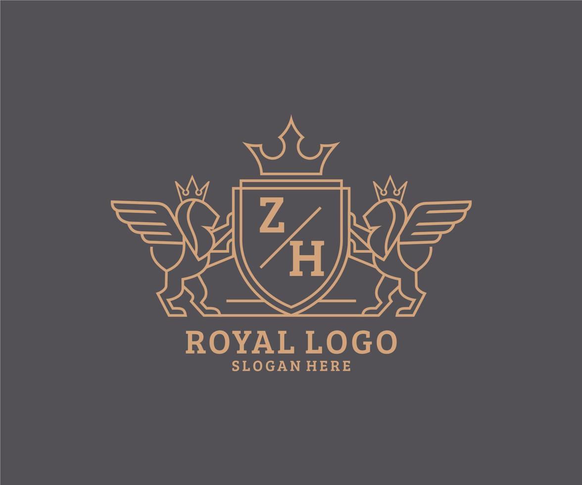 eerste zh brief leeuw Koninklijk luxe heraldisch, wapen logo sjabloon in vector kunst voor restaurant, royalty, boetiek, cafe, hotel, heraldisch, sieraden, mode en andere vector illustratie.