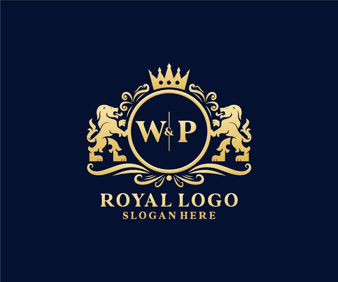 eerste wp brief leeuw Koninklijk luxe logo sjabloon in vector kunst voor restaurant, royalty, boetiek, cafe, hotel, heraldisch, sieraden, mode en andere vector illustratie.