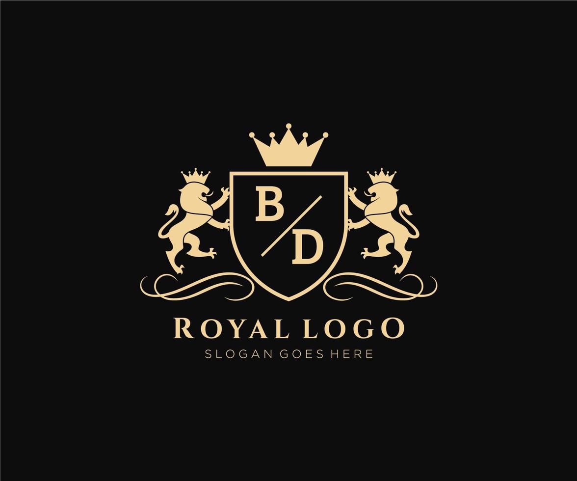 eerste bd brief leeuw Koninklijk luxe heraldisch, wapen logo sjabloon in vector kunst voor restaurant, royalty, boetiek, cafe, hotel, heraldisch, sieraden, mode en andere vector illustratie.