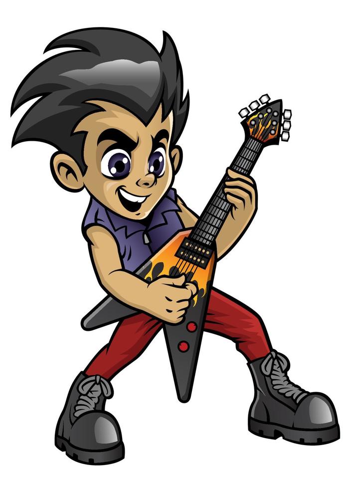 weinig rocker jongen spelen een elektrisch gitaar vector