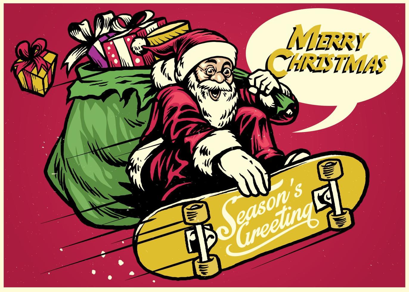 wijnoogst illustratie de kerstman rijden skateboard en draag- een zak vol van cadeaus vector