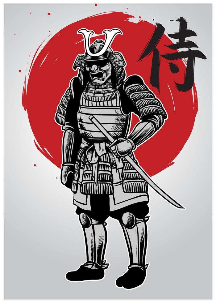 hand- tekening van samurai krijger met samurai woord schrijven in kanji vector