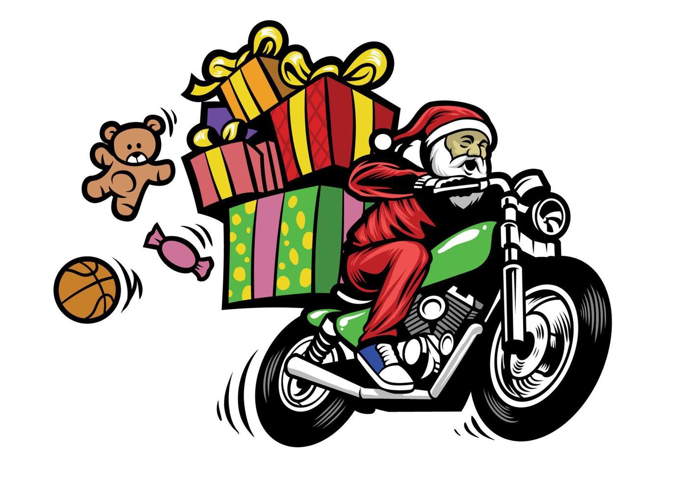 de kerstman claus leveren de Kerstmis geven door rijden een motorfiets vector