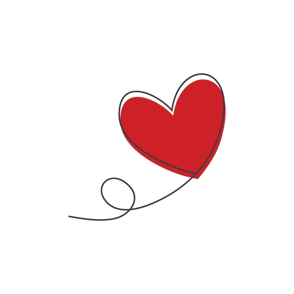 hartvormige ballon in doorlopende tekenlijnen en rood hart in vlakke stijl in doorlopende tekenlijnen. vector