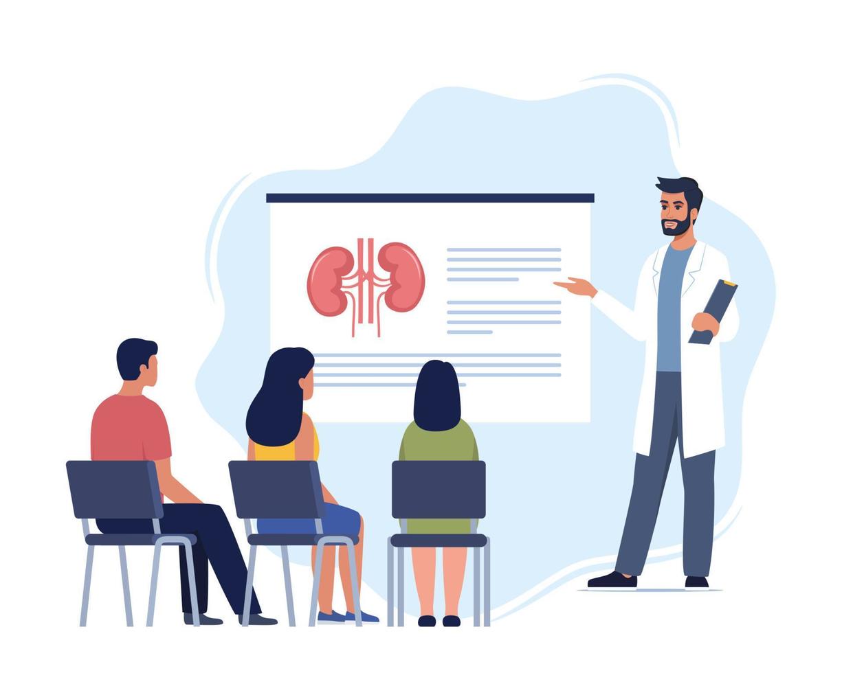 dokter geeft een opleiding lezing over anatomie voor studenten. dokter presenteren menselijk nieren infographics. online medisch seminarie, lezing, gezondheidszorg vergadering concept. vector illustratie.