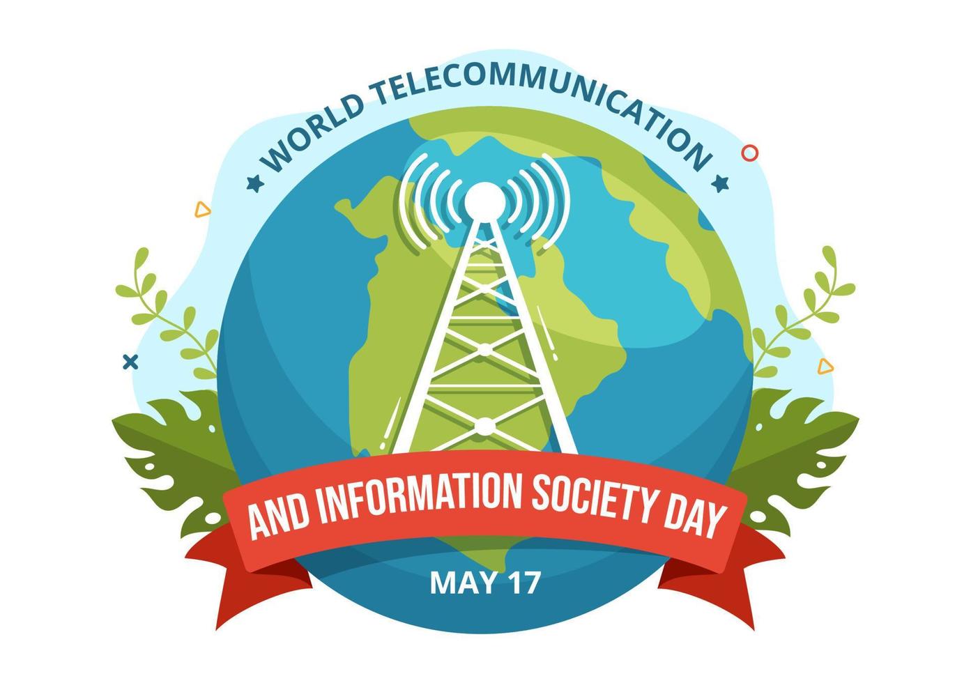 wereld telecommunicatieverbinding en informatie maatschappij dag Aan mei 17 illustratie met communicatie netwerk aan de overkant aarde wereldbol in hand- getrokken Sjablonen vector