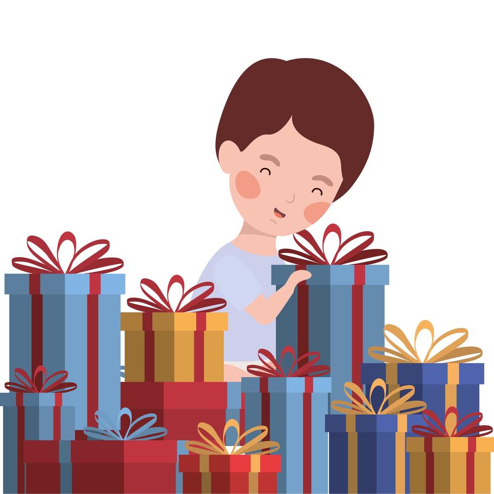 kleine jongen met geschenken kerstviering vector