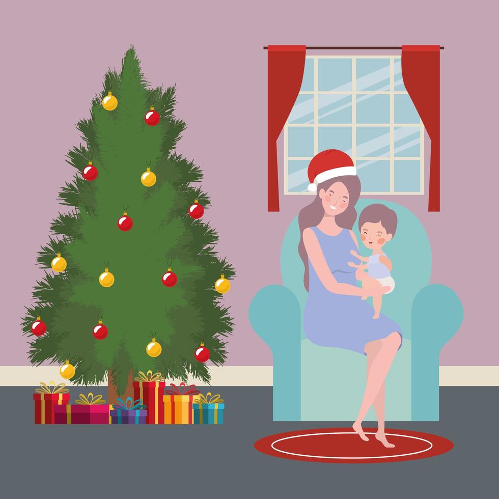 moeder en baby met de kerstviering van de pijnboom vector